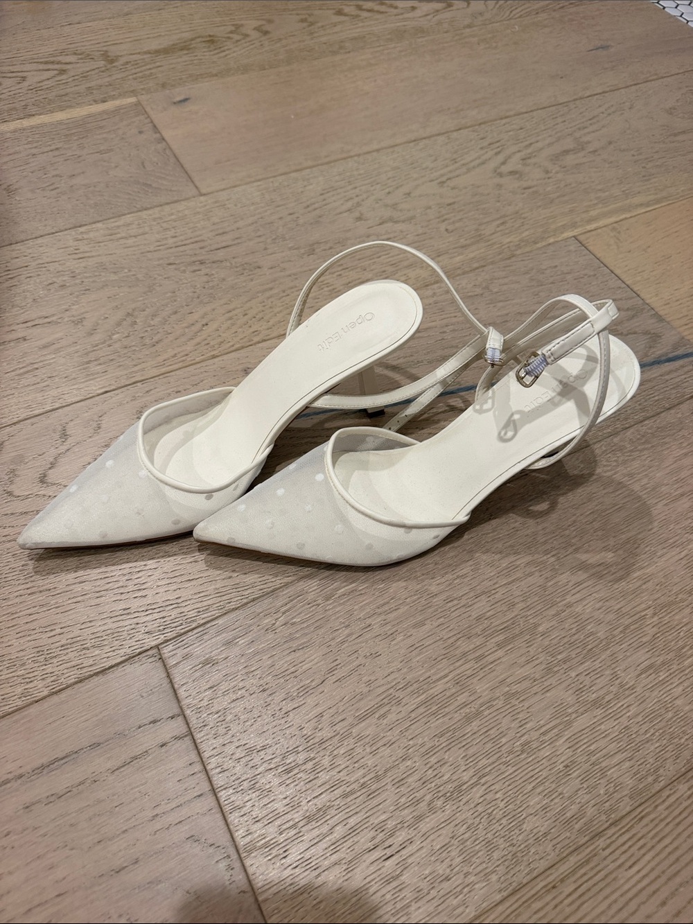 Pointed Toe White Slingback Heels with Polka Dot Mesh